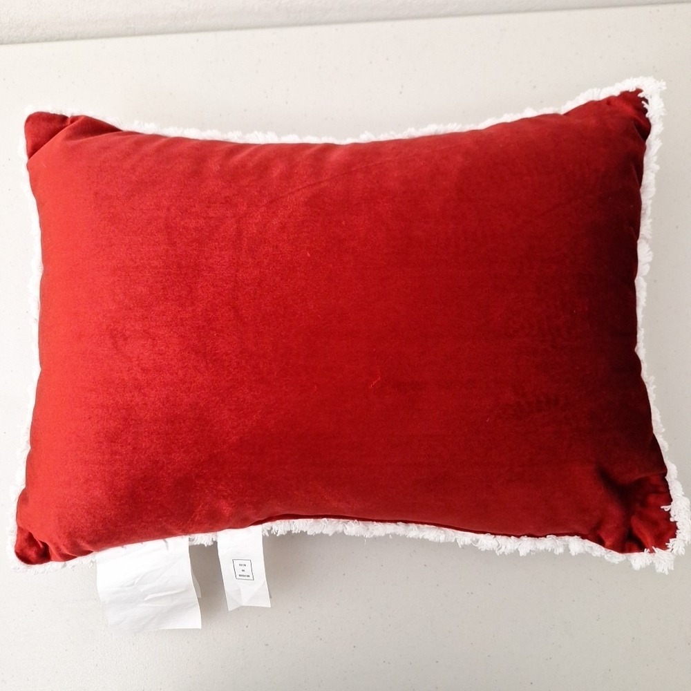 Silky Red Velvet Merry Christmas Pillow Stitched Script w/ Fringe 18" x 14" - Picture 4 of 11